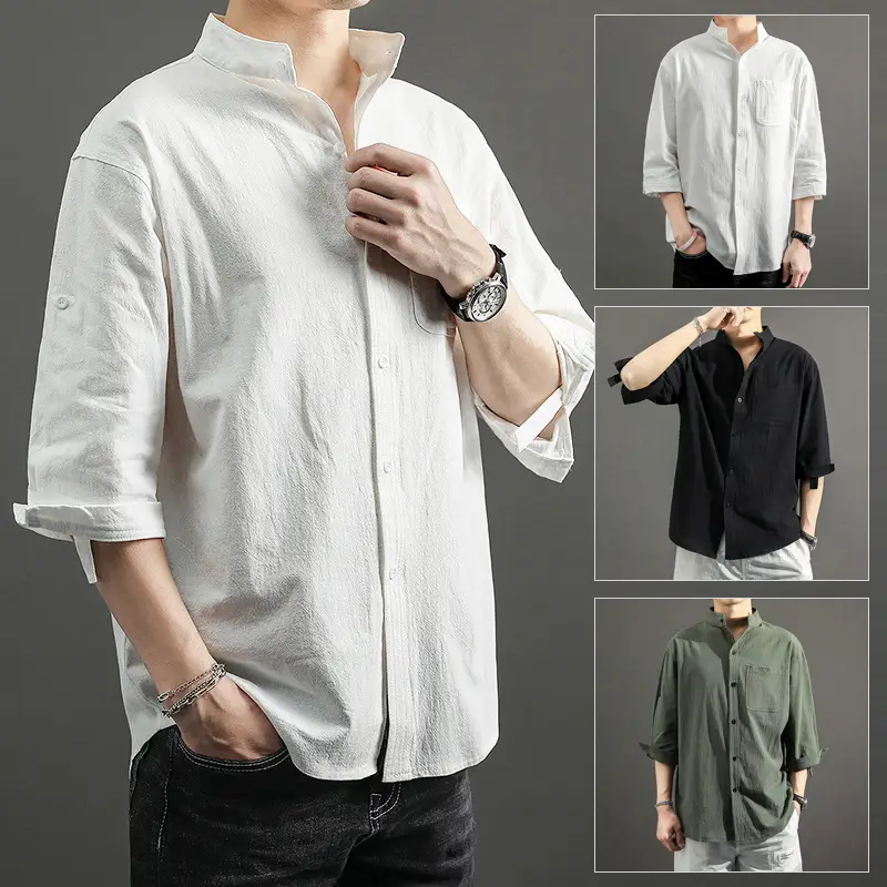 Men's White Linen Button-Up Shirt Loose Fit - Image 8