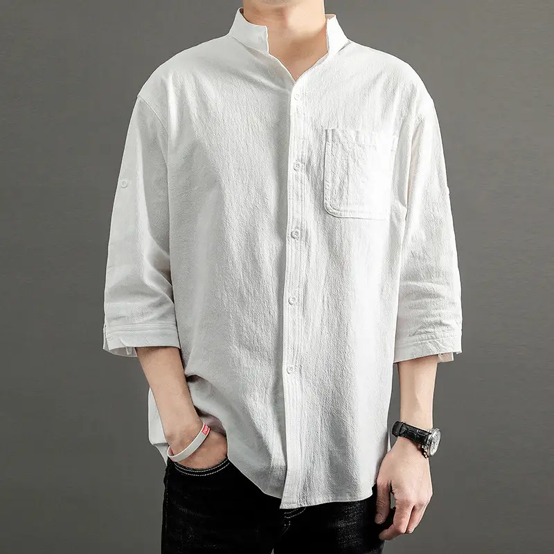 Men's White Linen Button-Up Shirt Loose Fit - Image 9