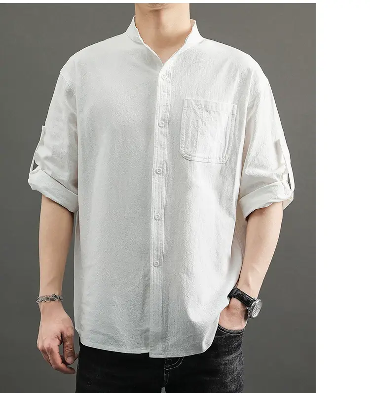 Men's White Linen Button-Up Shirt Loose Fit — feature 9