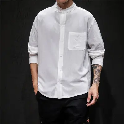 Men's White Linen Button-Up Shirt Loose Fit - Image 4