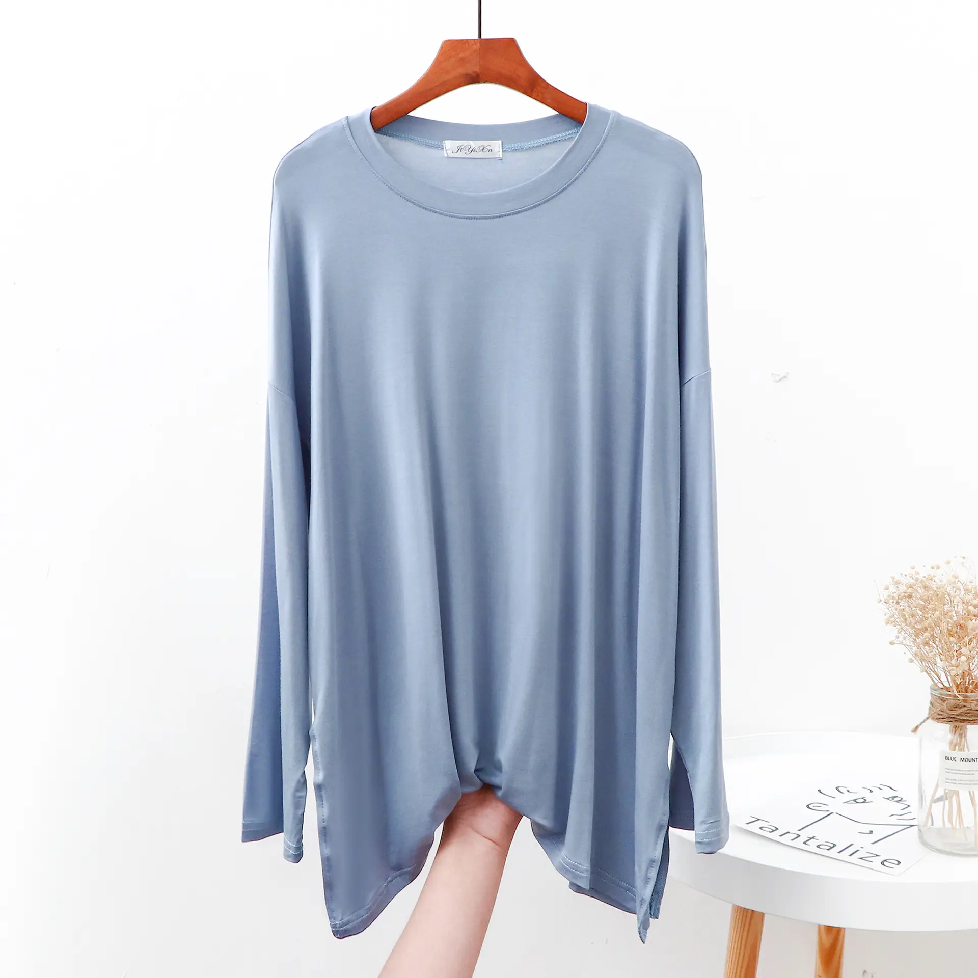 Women Grey Long Sleeve T-Shirt Loose Fit Side Slit - Image 10