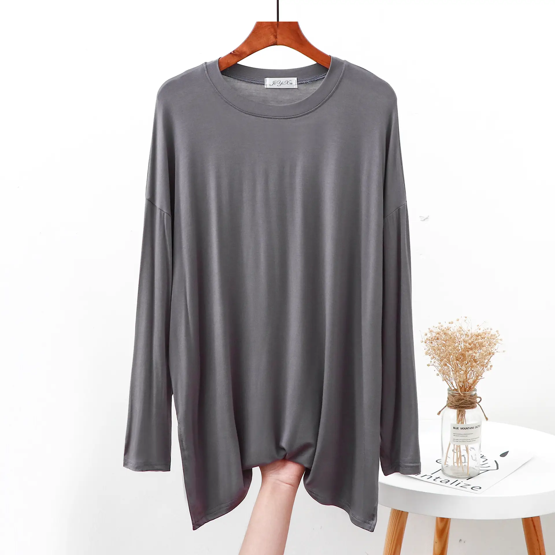 Women Grey Long Sleeve T-Shirt Loose Fit Side Slit - Image 2