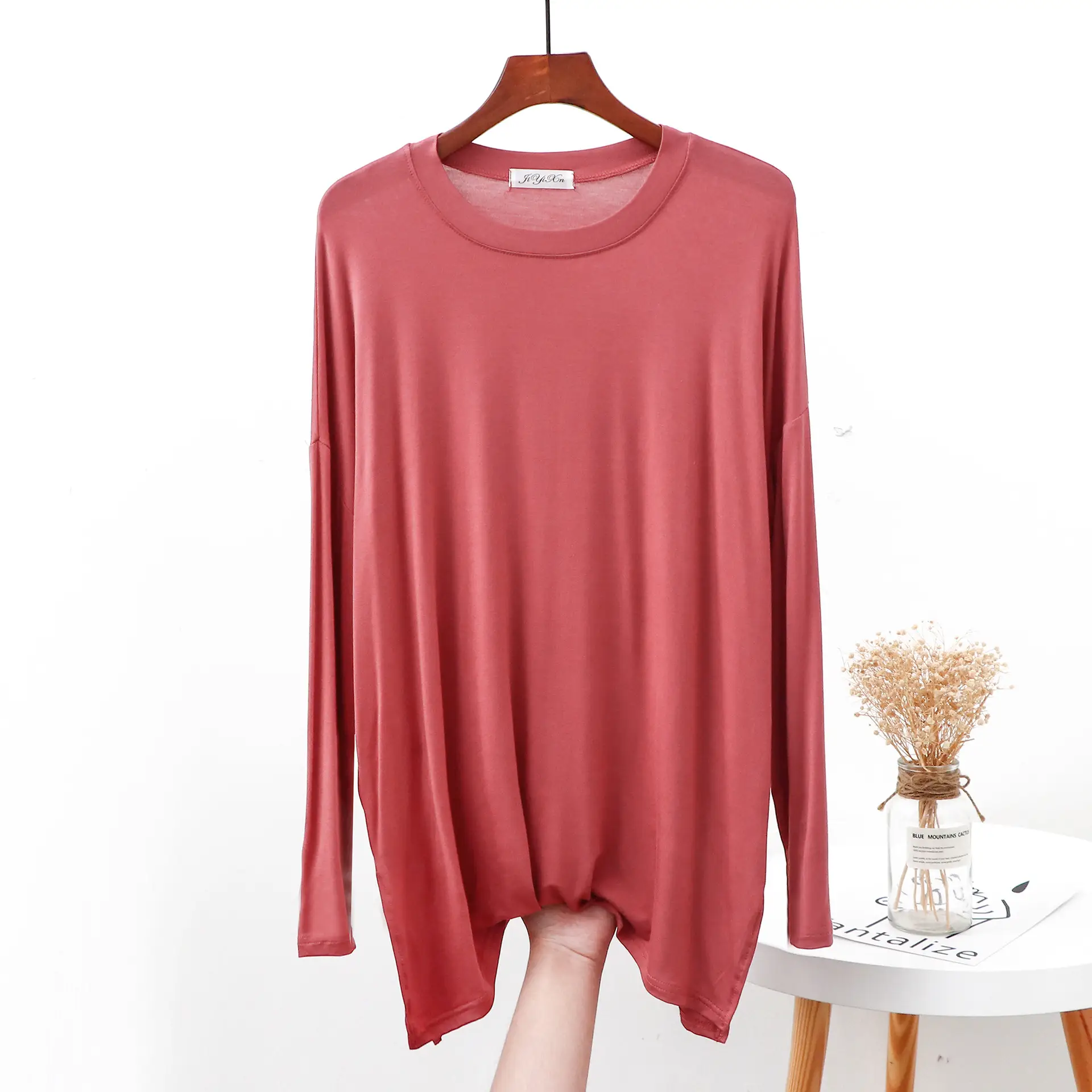 Women Grey Long Sleeve T-Shirt Loose Fit Side Slit - Image 3