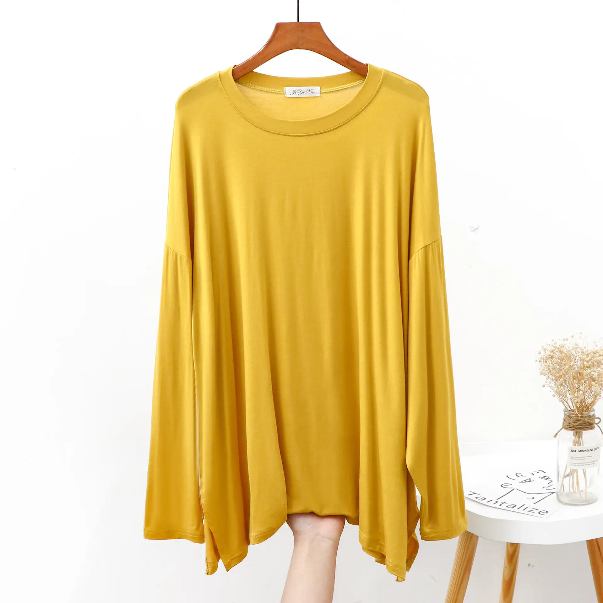 Women Grey Long Sleeve T-Shirt Loose Fit Side Slit - Image 4