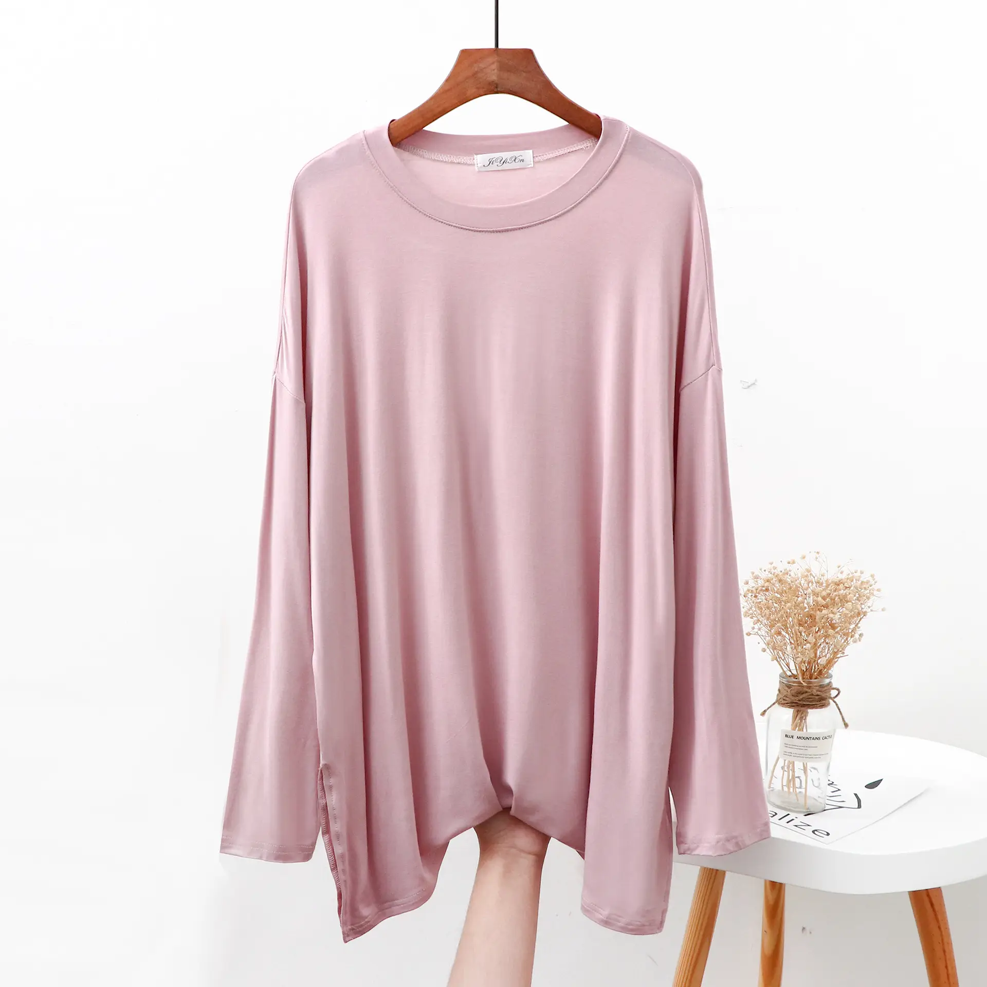 Women Grey Long Sleeve T-Shirt Loose Fit Side Slit - Image 5