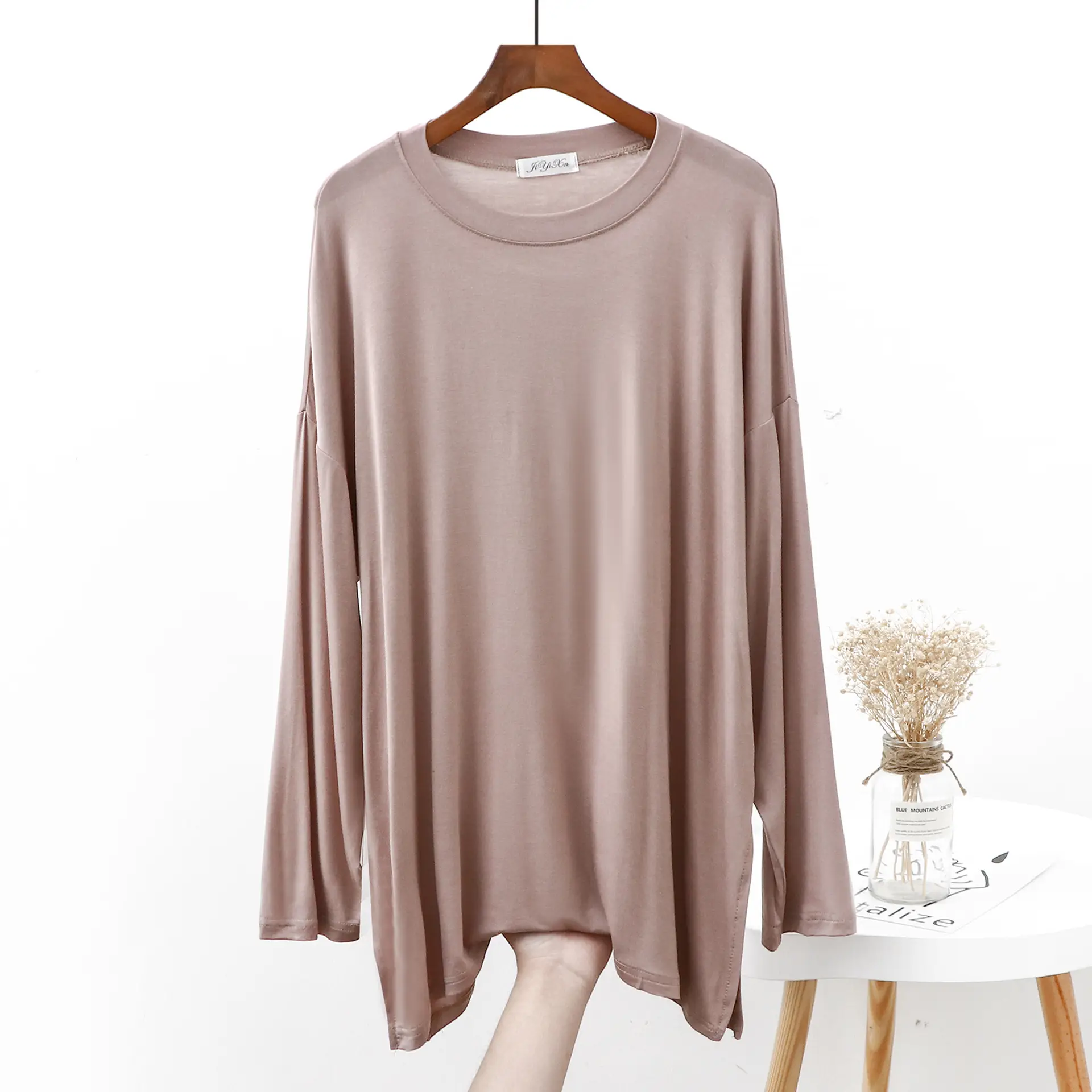Women Grey Long Sleeve T-Shirt Loose Fit Side Slit - Image 6
