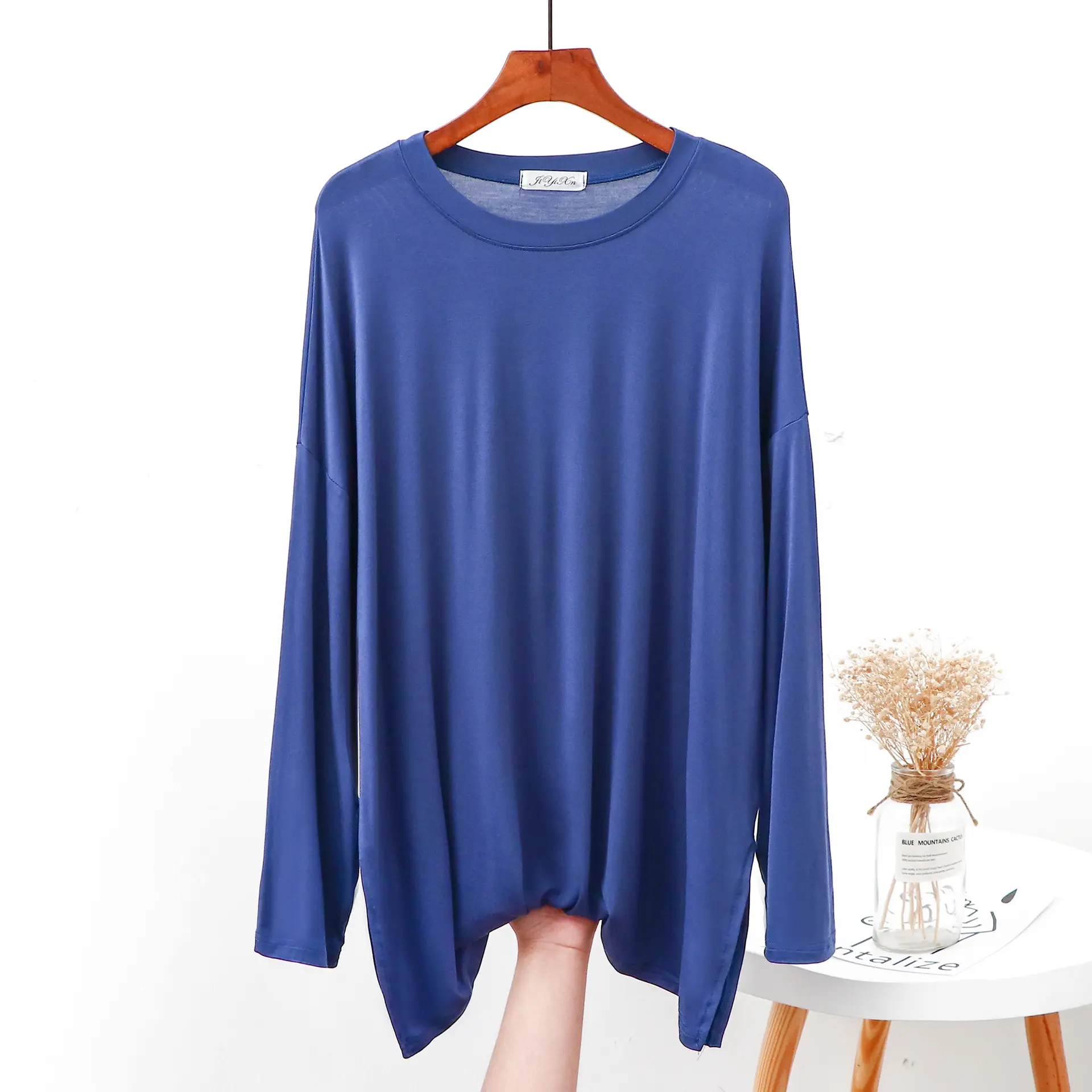 Women Grey Long Sleeve T-Shirt Loose Fit Side Slit - Image 7
