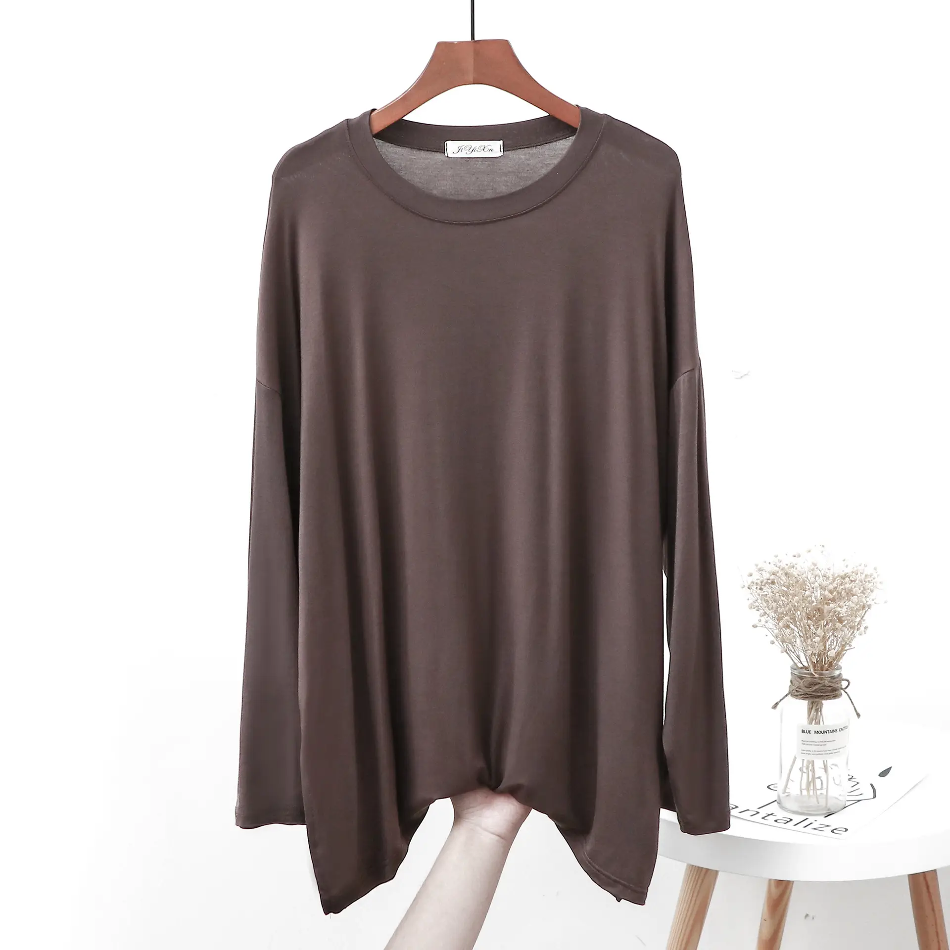 Women Grey Long Sleeve T-Shirt Loose Fit Side Slit - Image 8