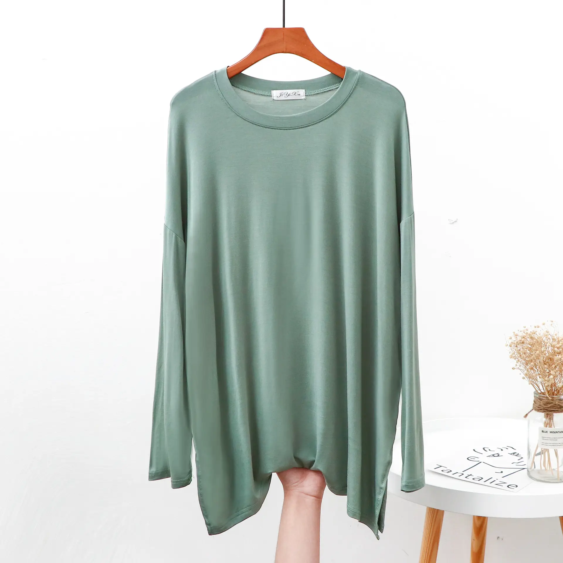 Women Grey Long Sleeve T-Shirt Loose Fit Side Slit - Image 9