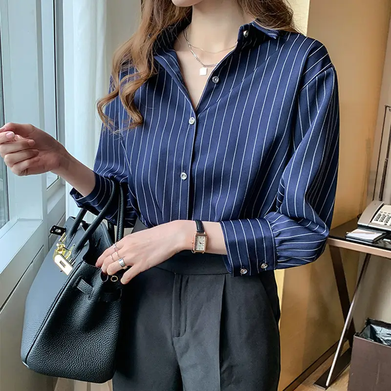 Women Vertical Stripe Chiffon Shirt Nine Sleeve Spring New - Image 4