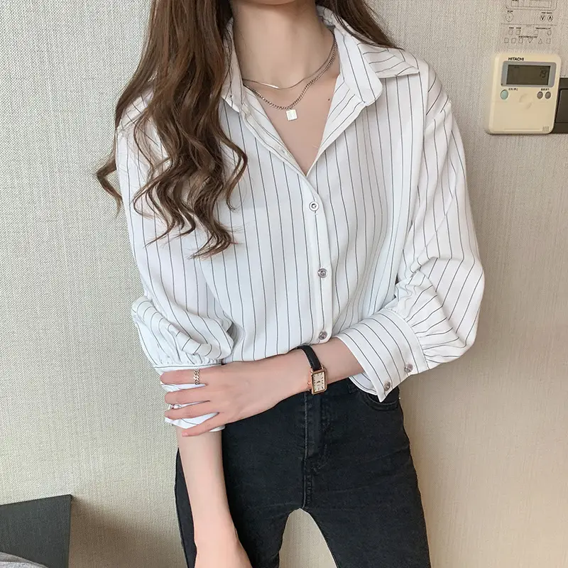 Women Vertical Stripe Chiffon Shirt Nine Sleeve Spring New - Image 6