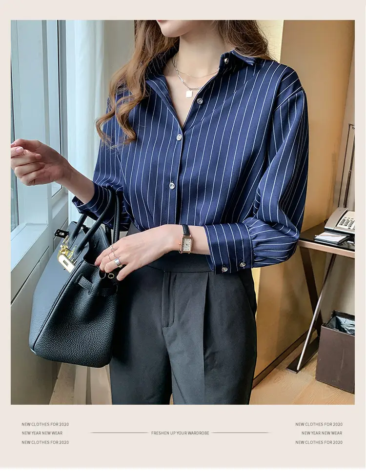 Women Vertical Stripe Chiffon Shirt Nine Sleeve Spring New — feature 1