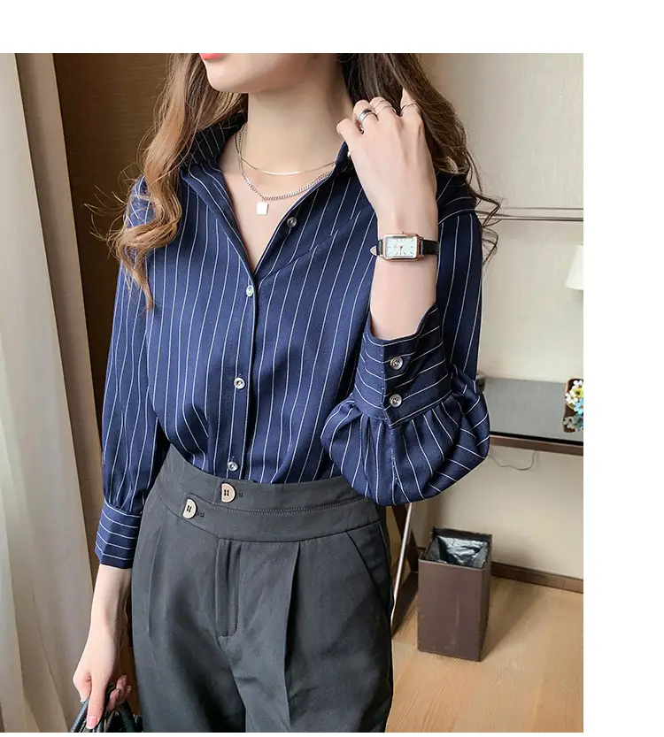 Women Vertical Stripe Chiffon Shirt Nine Sleeve Spring New — feature 10