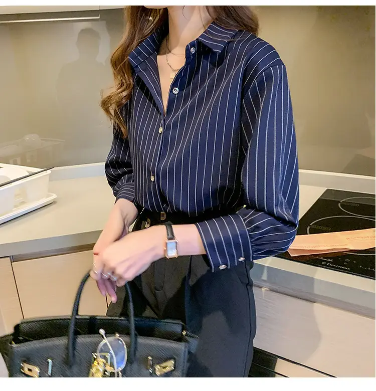 Women Vertical Stripe Chiffon Shirt Nine Sleeve Spring New — feature 12