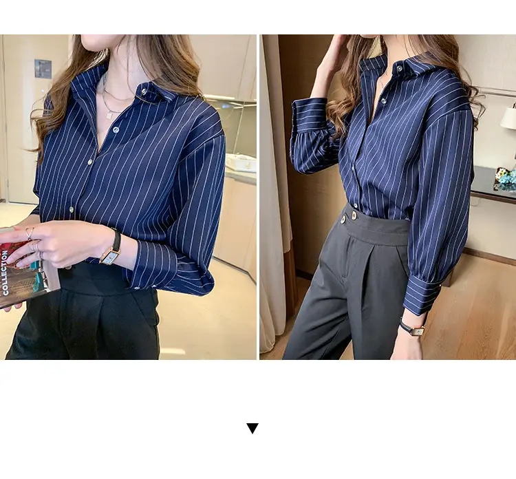 Women Vertical Stripe Chiffon Shirt Nine Sleeve Spring New — feature 13