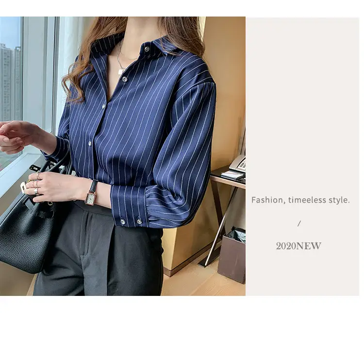 Women Vertical Stripe Chiffon Shirt Nine Sleeve Spring New — feature 14