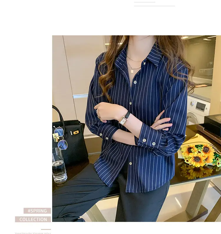 Women Vertical Stripe Chiffon Shirt Nine Sleeve Spring New — feature 15