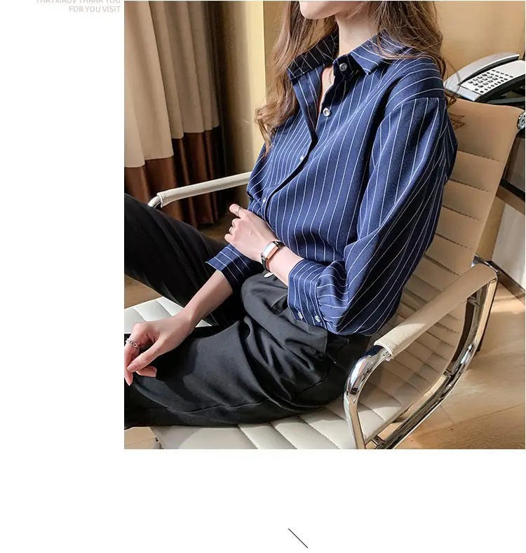 Women Vertical Stripe Chiffon Shirt Nine Sleeve Spring New — feature 16