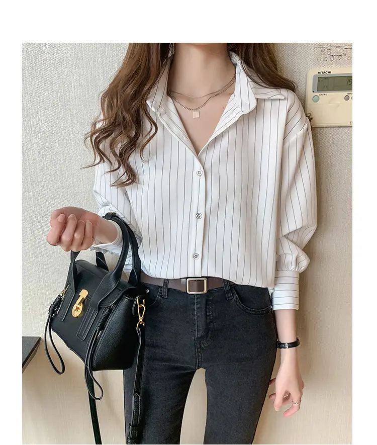 Women Vertical Stripe Chiffon Shirt Nine Sleeve Spring New — feature 17