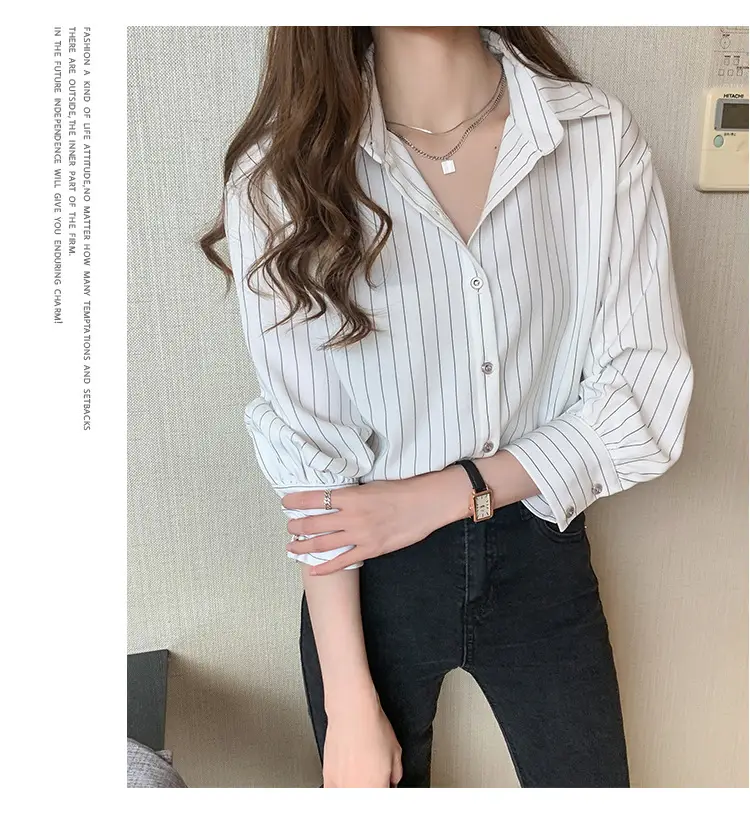 Women Vertical Stripe Chiffon Shirt Nine Sleeve Spring New — feature 19