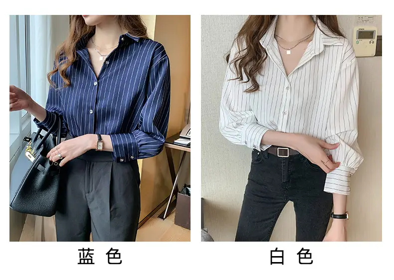 Women Vertical Stripe Chiffon Shirt Nine Sleeve Spring New — feature 2
