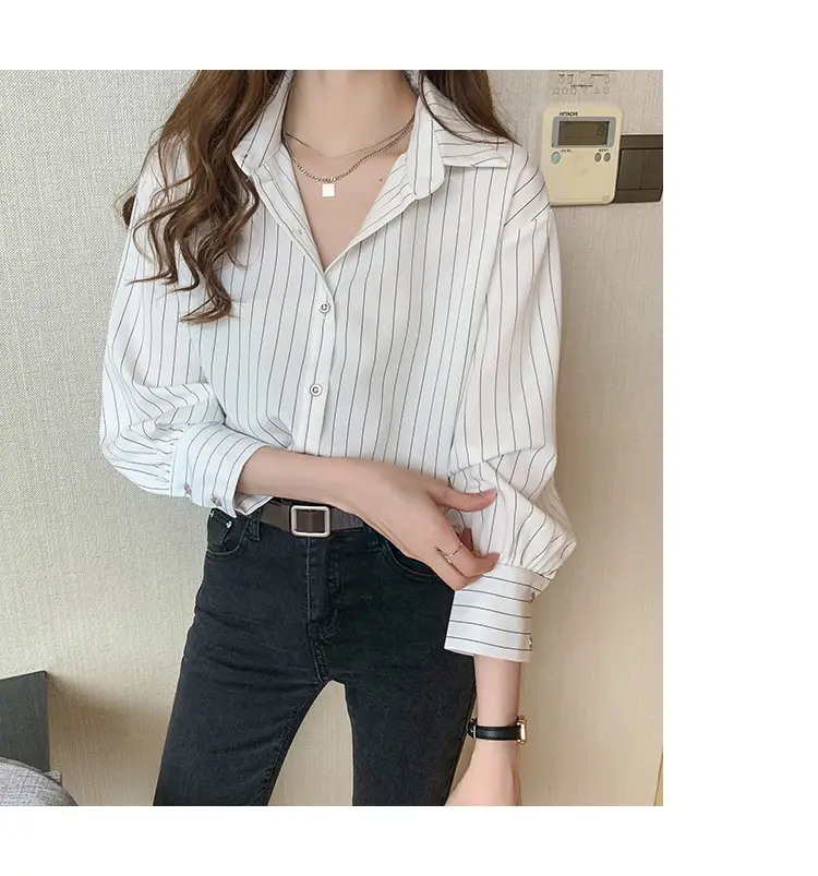Women Vertical Stripe Chiffon Shirt Nine Sleeve Spring New — feature 20