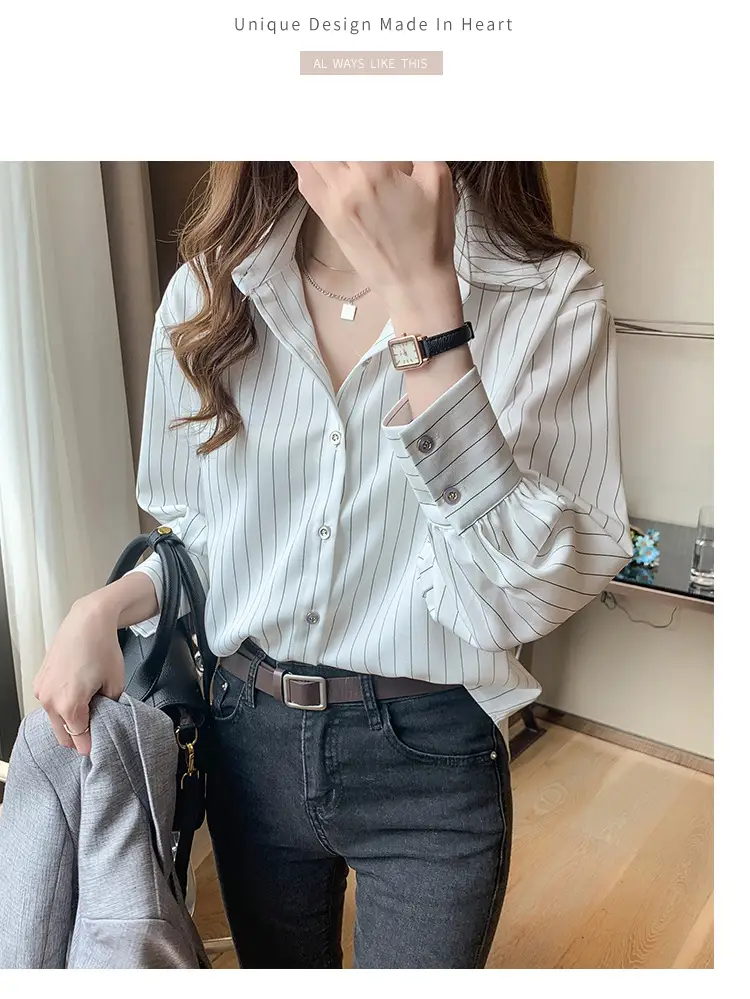 Women Vertical Stripe Chiffon Shirt Nine Sleeve Spring New — feature 21