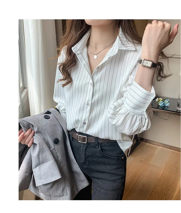 Women Vertical Stripe Chiffon Shirt Nine Sleeve Spring New — feature 22