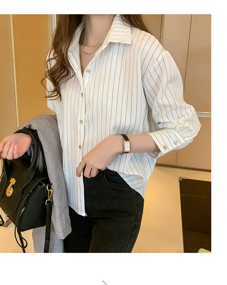 Women Vertical Stripe Chiffon Shirt Nine Sleeve Spring New — feature 24