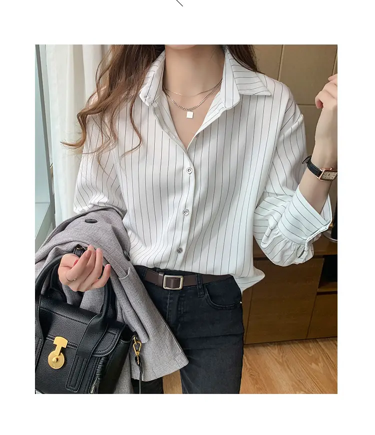 Women Vertical Stripe Chiffon Shirt Nine Sleeve Spring New — feature 25