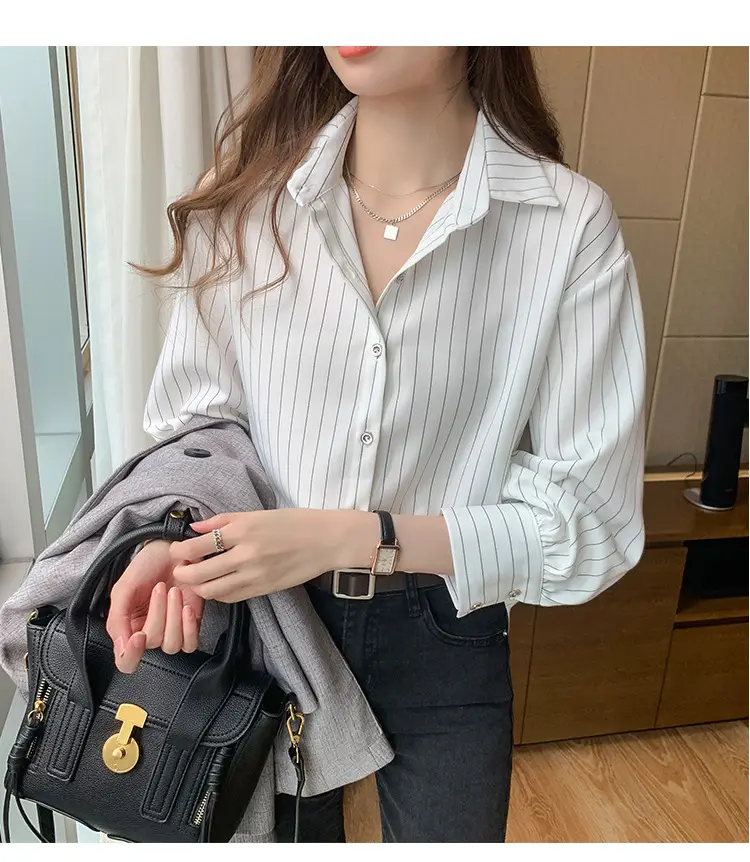 Women Vertical Stripe Chiffon Shirt Nine Sleeve Spring New — feature 26