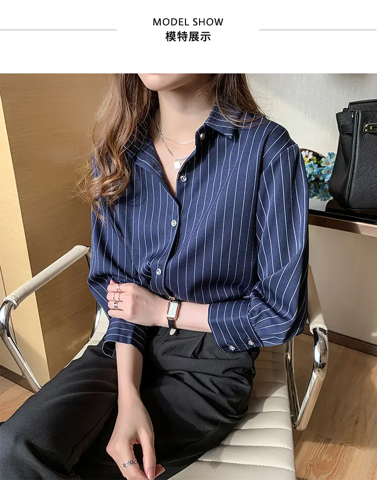 Women Vertical Stripe Chiffon Shirt Nine Sleeve Spring New — feature 8