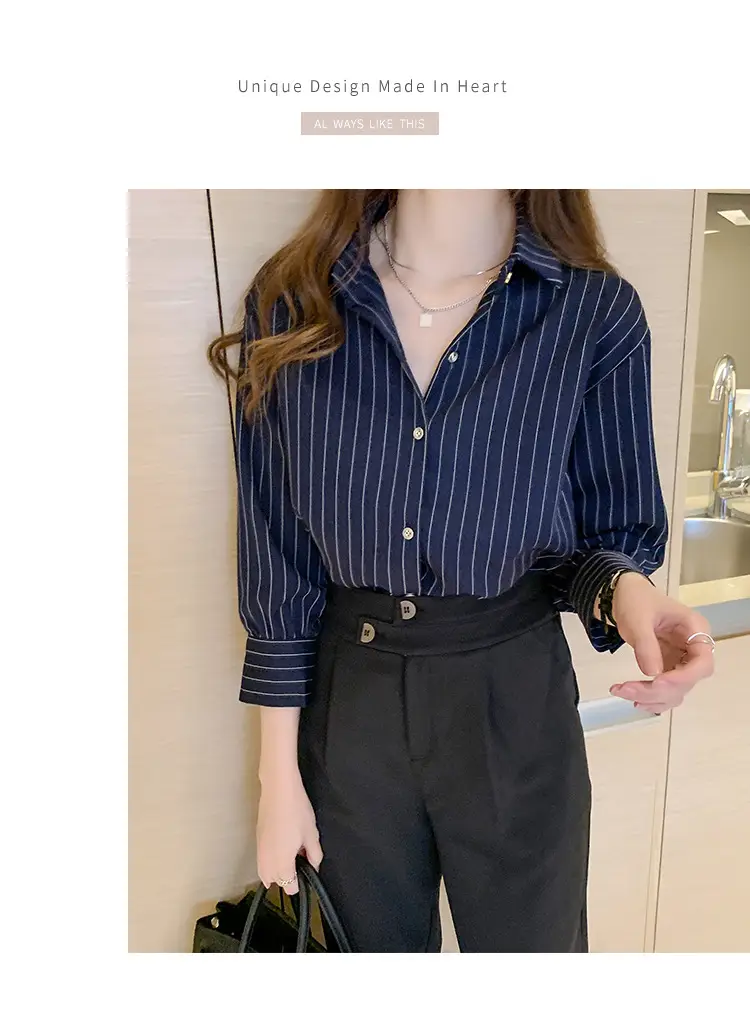 Women Vertical Stripe Chiffon Shirt Nine Sleeve Spring New — feature 9