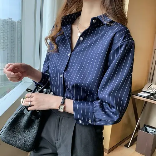 Women Vertical Stripe Chiffon Shirt Nine Sleeve Spring New - Image 2