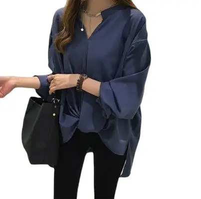 Women's Blue Chiffon Long Sleeve Shirt Large - Image 8