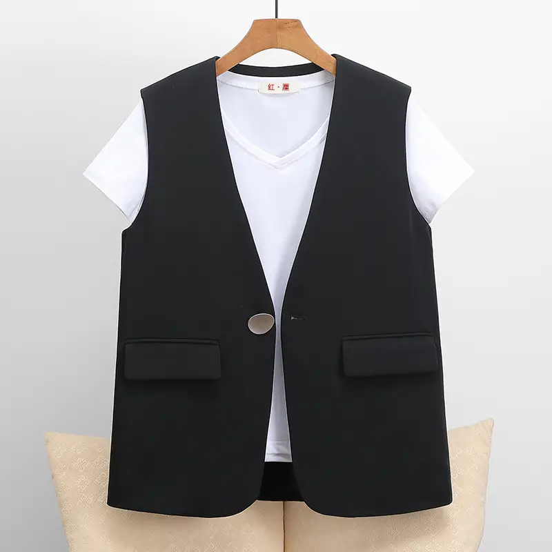Women's Black Sleeveless V-Neck Vest 2025 Spring - Image 4