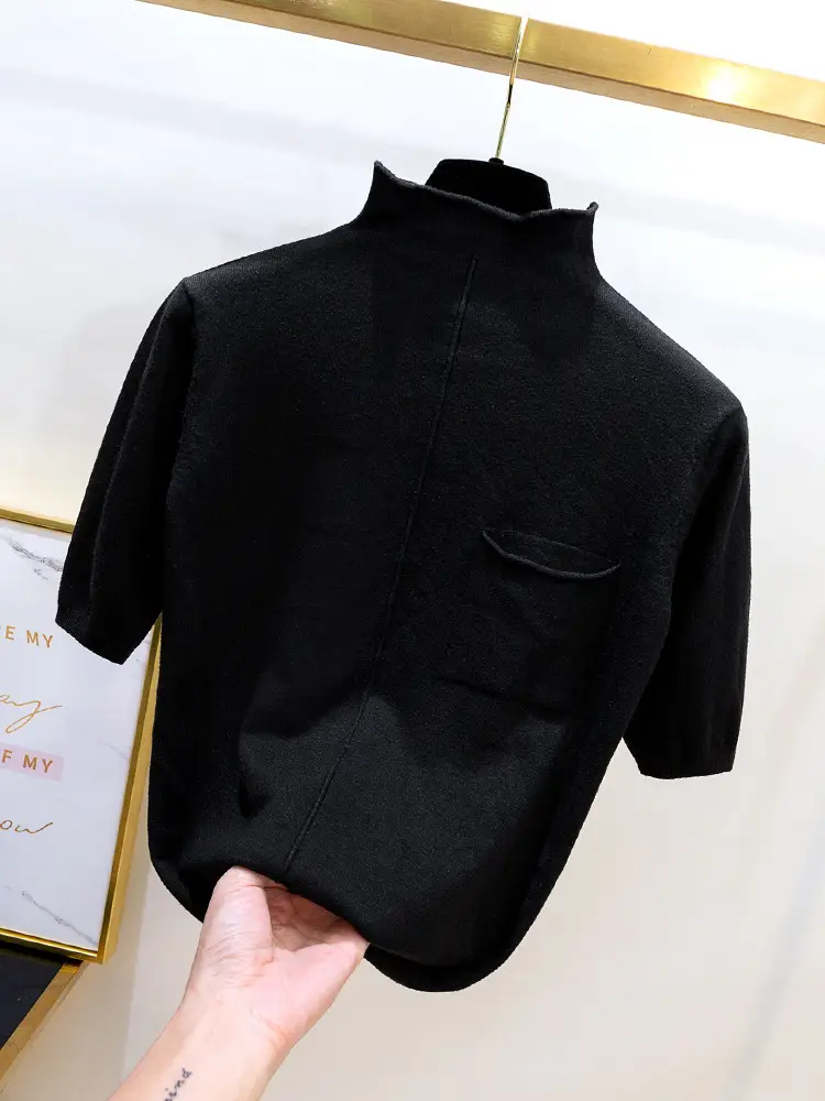 Black Korean Style Mid-Sleeve Pullover Top for Women