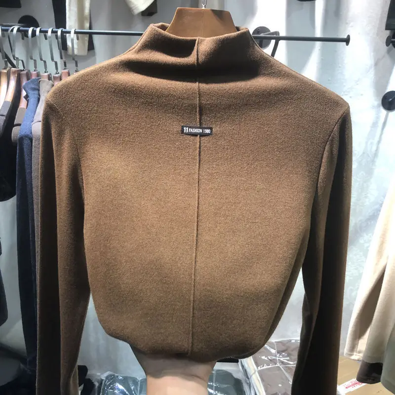 Women Velvet Turtleneck Shirt Brown Fleece Lined Winter Top