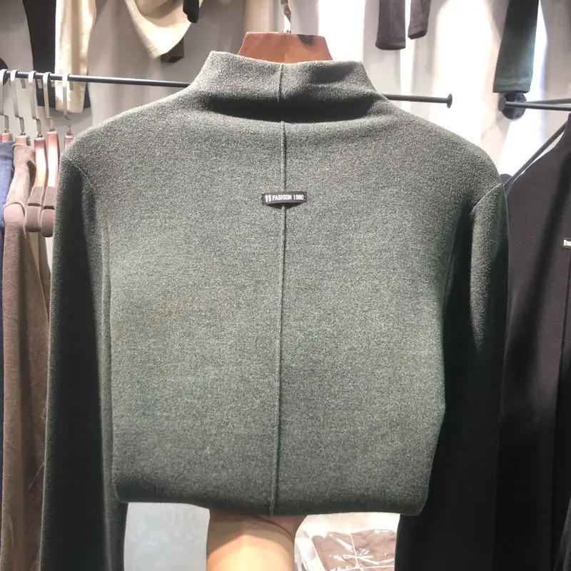 Women Velvet Turtleneck Shirt Brown Fleece Lined Winter Top