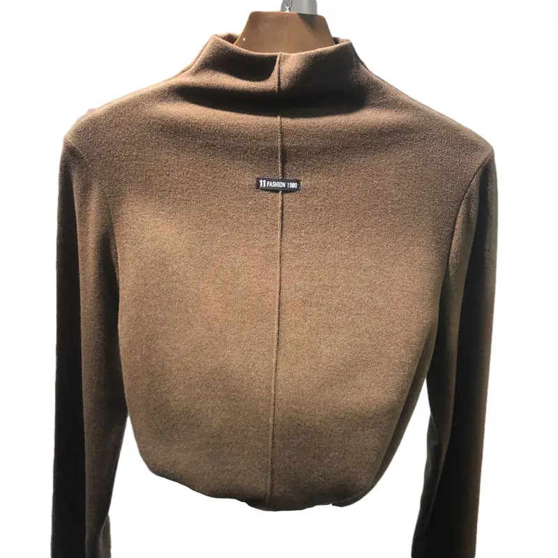 Women Velvet Turtleneck Shirt Brown Fleece Lined Winter Top