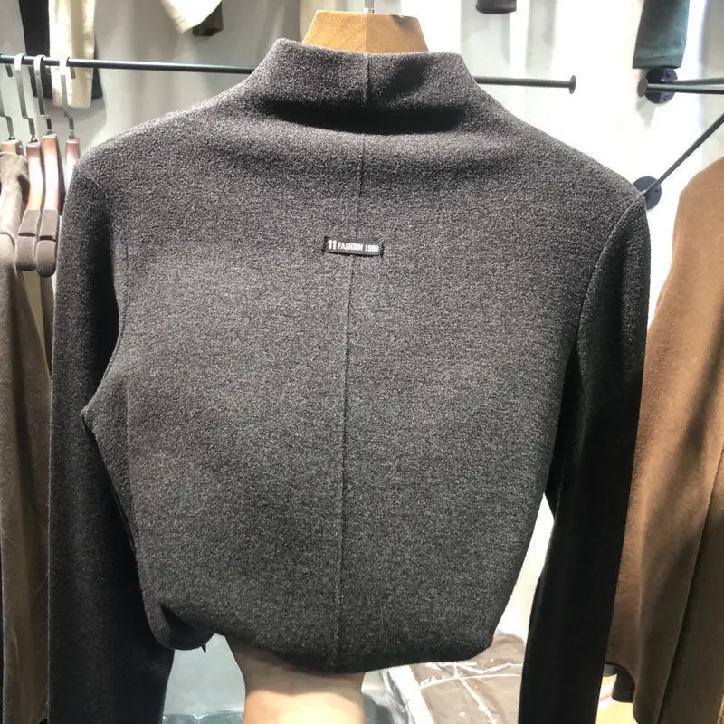 Women Velvet Turtleneck Shirt Brown Fleece Lined Winter Top