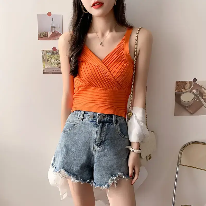 White Slim Fit Navel Camisole Summer Top for Women — feature 24
