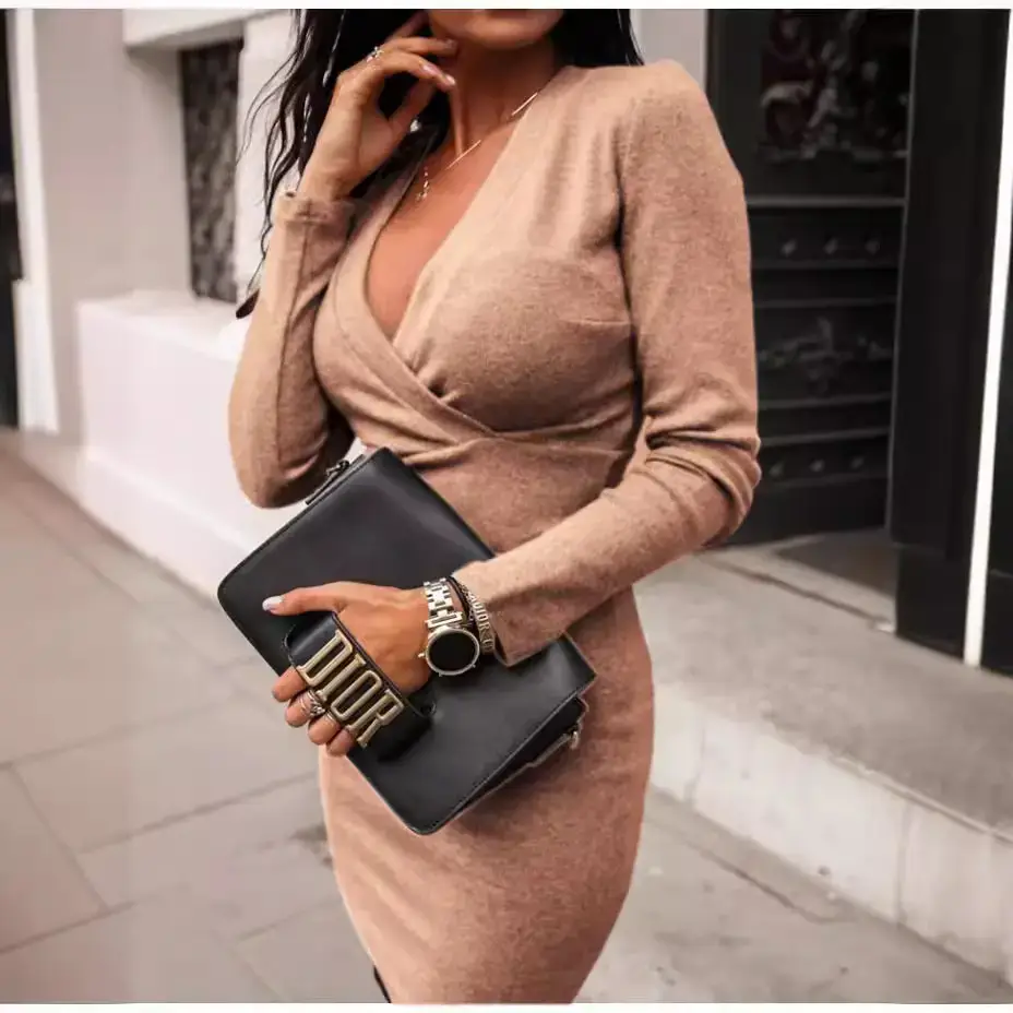 2023 Women's V-Neck Slimming Dress Winter Beige - Image 3