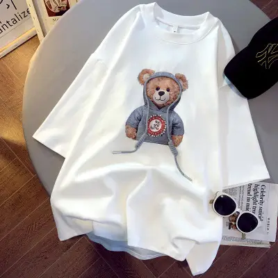 Women's 2022 Teddy Bear Print T-Shirt White Loose Fit - Image 2
