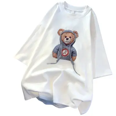 Women's 2022 Teddy Bear Print T-Shirt White Loose Fit - Image 5