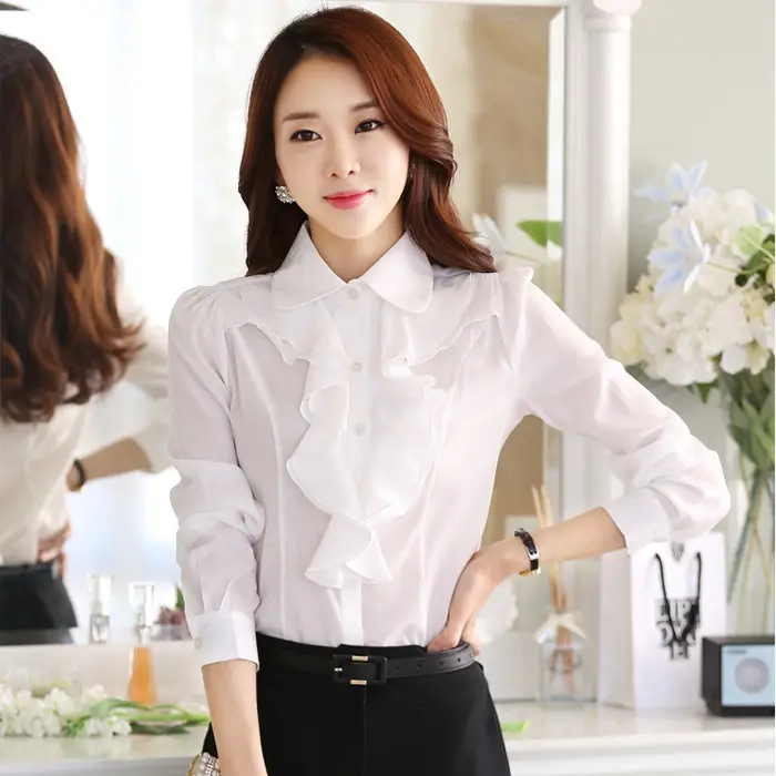 Women White Chiffon Long Sleeve Collar Shirt