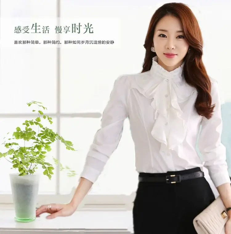 Women White Chiffon Long Sleeve Collar Shirt — feature 2