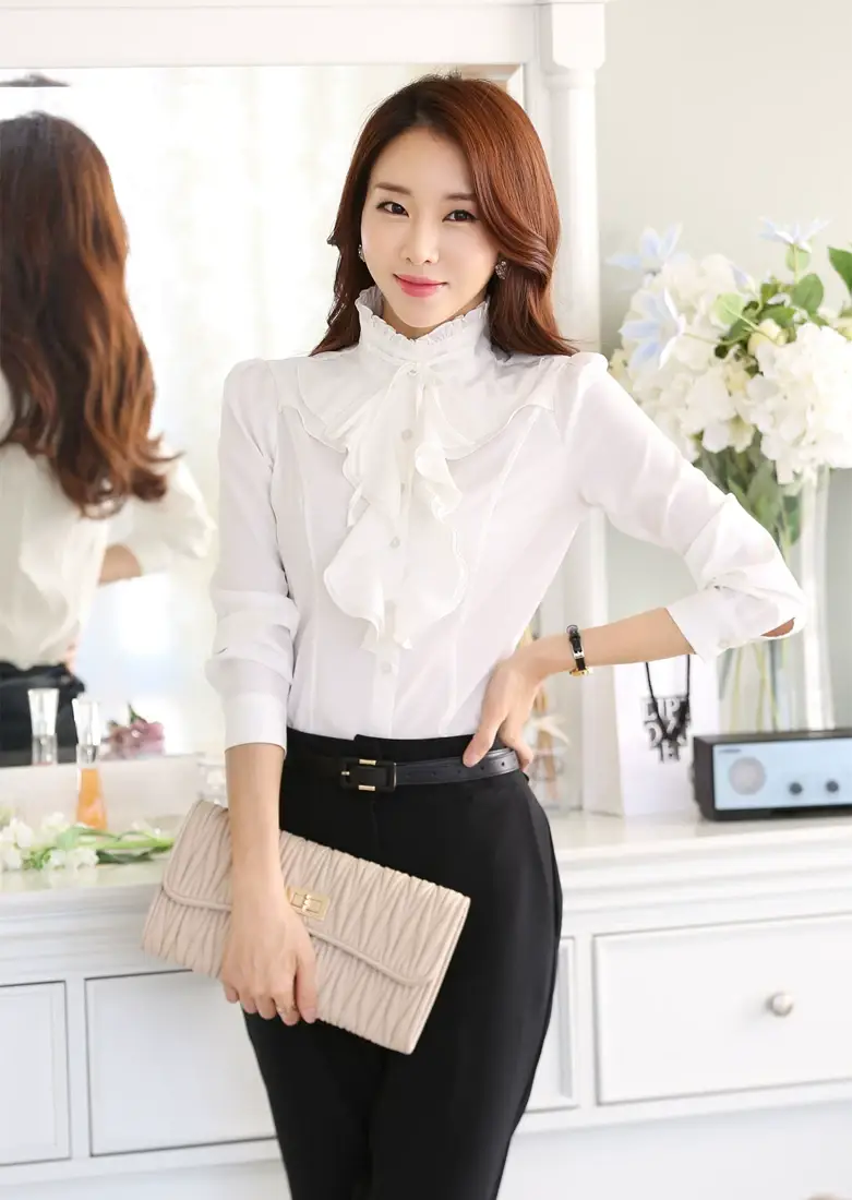 Women White Chiffon Long Sleeve Collar Shirt — feature 9