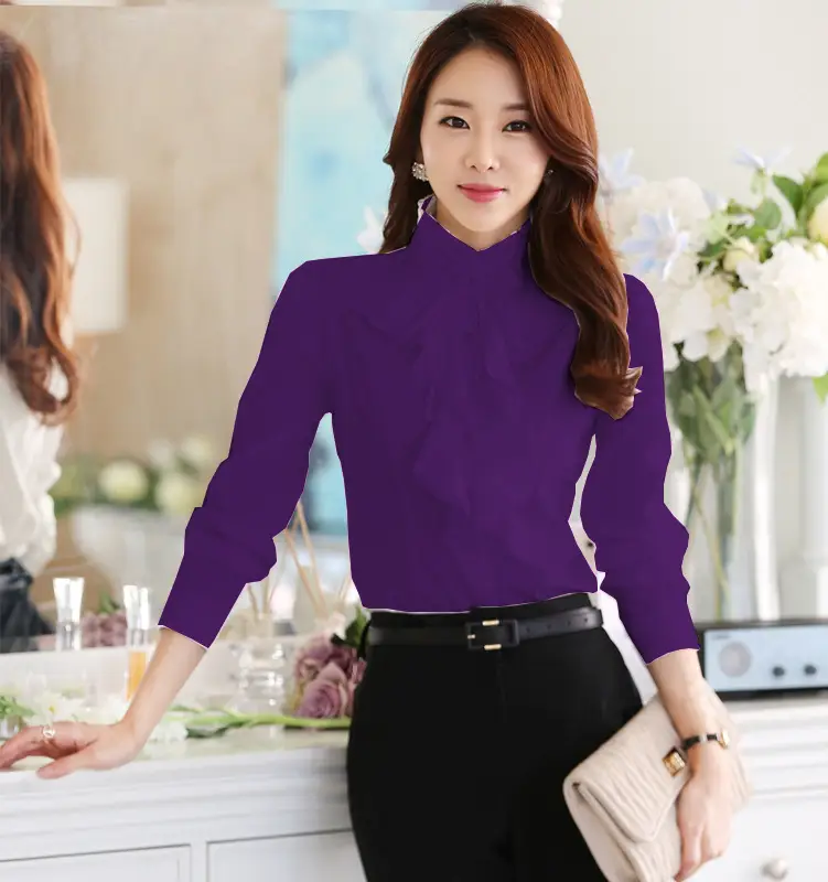 Women White Chiffon Long Sleeve Collar Shirt