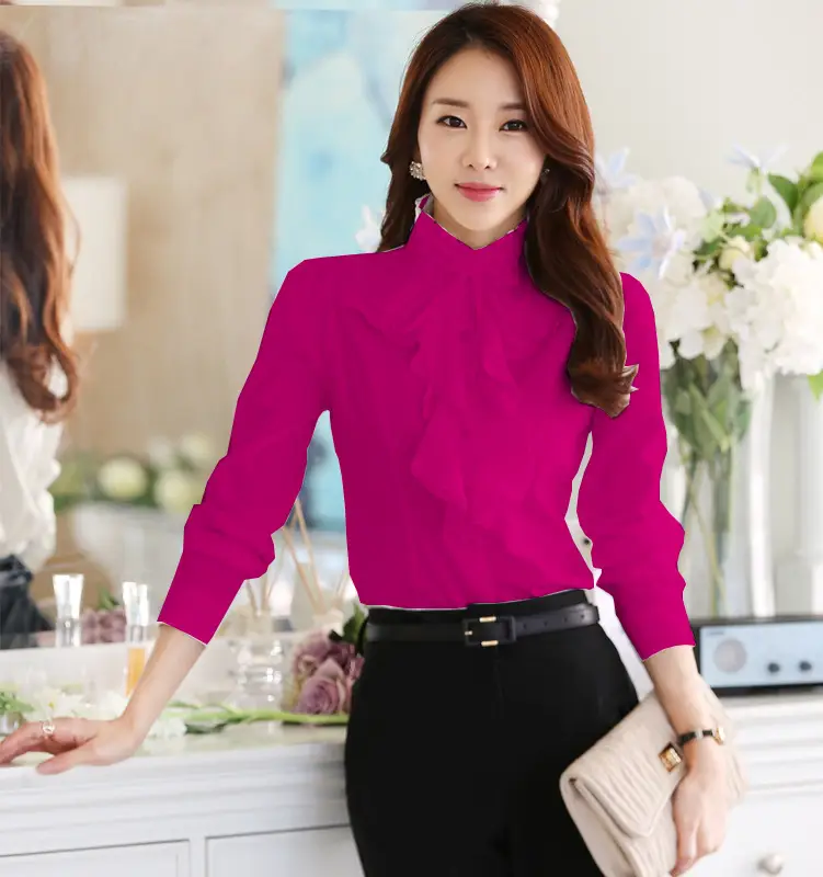 Women White Chiffon Long Sleeve Collar Shirt